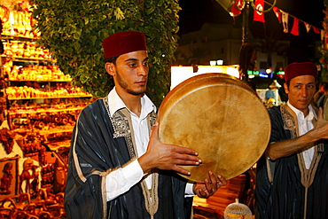 Musicians with Bendir, frame drum, Sufi brotherhood, religious ceremony, Hammamet, Tunisia, Northern Africa