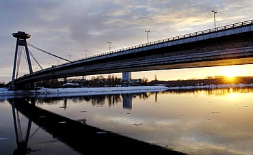 New Bridge, Nový Most, over the river Danube with the restaurant UFO, Bratislava, Slovakia, Eastern Europe