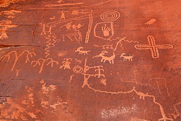 Historic stone etchings, petroglyphes, about 4000 years old, Atlatl Rock, Valley of Fire State Park, Nevada, USA