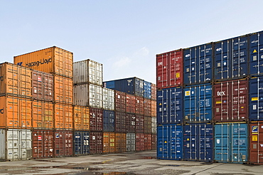 Bonn Container Terminal, overlooking stacked oversea containers in the depot, Bonn harbour, North Rhine-Westphalia, Germany, Europe