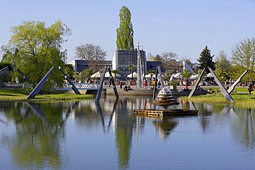 Lake at the Kalenderplatz square, Britzer Garten garden in Berlin, Germany, Europe