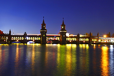 Oberbaumbruecke bridge across the Spree river during the Festival of Lights in Berlin, Germany, Europe