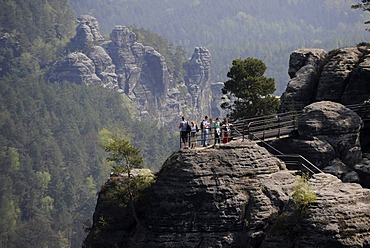 Tourists on viewing platform and rock formations of the Bastei, Saxon Switzerland, Elbe Sandstone Mountains, Free State of Saxony, Germany, Europe