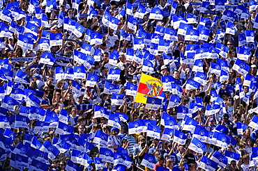 Karlsruher SC fan block with Baden flag, Wildpark Stadium Karlsruhe, Baden-Wuerttemberg, Germany, Europe