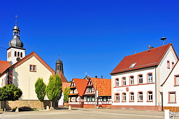 Town hall square with protestant parish church and catholic church of St. Remigius, Neuburg am Rhein, Palatinate, Rhineland-Palatinate, Germany, Europe