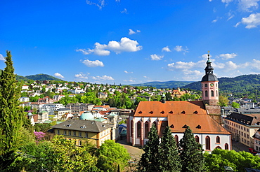 Panoramic view of the city with collegiate church, Baden-Baden, Black Forest, Baden-Wuerttemberg, Germany, Europe