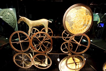 Lunar globe on a horse-drawn carriage, Out of this World ? Wonders of the Solar System, exhibition in the Gasometer, a former gas tank, Oberhausen, Ruhr Area, North Rhine-Westphalia, Germany, Europe