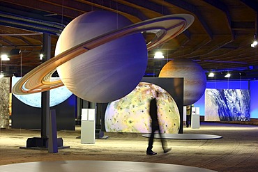 Three-dimensional representation of the Sun and her planets, Out of this World ? Wonders of the Solar System, exhibition in the Gasometer, a former gas tank, Oberhausen, North Rhine-Westphalia, Germany, Europe