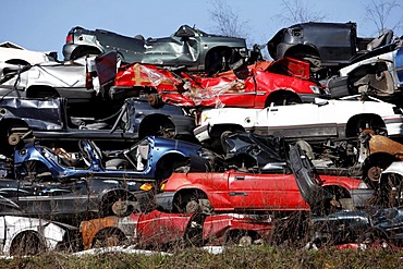 Scrapped cars in a scrap yard, scrap dealer, waste dump, Bottrop, Ruhr Area, North Rhine-Westphalia, Germany, Europe