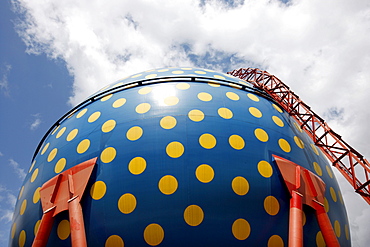 Artistically designed spherical container for the intermediate storage of natural gas during gas usage peak times, ELE, Emscher-Lippe-Energy, regional energy provider in the Ruhr Area, Gelsenkirchen, North Rhine-Westphalia, Germany, Europe