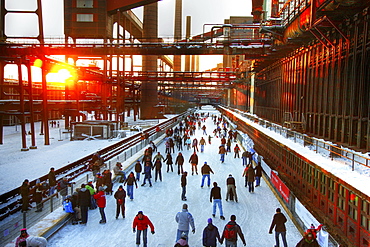 Skating rink at coking plant Zollverein, UNESCO World Cultural Heritage Site Zeche Zollverein, Essen, North Rhine-Westphalia, Germany, Europe