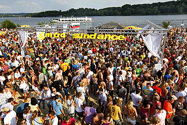 Sundance festival, dance party with techno and house music, in the Seaside Beach Club at Baldeneysee lake, Essen, Ruhrgebiet area, North Rhine-Westphalia, Germany, Europe