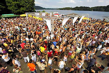 Sundance festival, dance party with techno and house music, in the Seaside Beach Club at Baldeneysee lake, Essen, Ruhrgebiet area, North Rhine-Westphalia, Germany, Europe