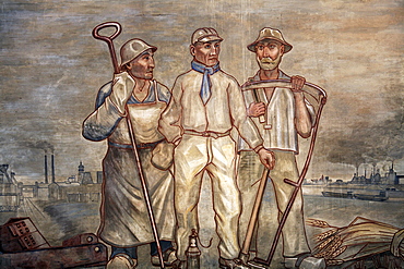 Murals with farmer, steel worker, miners, wage hall and areaway, abandoned mine Zeche Lohberg, ExtraSchicht, Dinslaken, Ruhrgebiet region, North Rhine-Westphalia, Germany, Europe