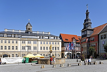 Martkplatz market place with Stadtschloss palace and city hall, Eisenach, Thuringia, Germany, Europe