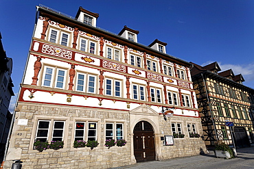 House with renaissance facade, Steinernes Haus house, 16th century, Anton-Ulrich-Strasse, Meiningen, Rhoen, Thuringia, Germany, Europe