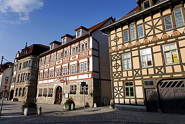 Historic half-timbered houses in the Anton-Ulrich-Strasse, Upper Mill, Meiningen, Rhoen, Thuringia, Germany, Europe