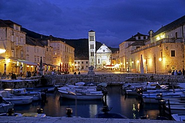 Harbor and cathedral at night, Hvar Island, Dalmatian Coast, Croatia