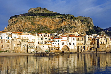 Old port Mt. La Rocca, moorish architecture town of Cefalu, Province of Palermo, Sicily, Italy