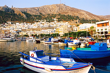 Fishing boats in the harbor of Pothia, Island of Kalymnos, Dodecanese Islands, Greece, Europe