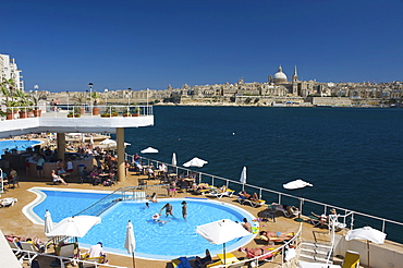 View from a hotel pool in Sliema on Valletta, Malta, Europe