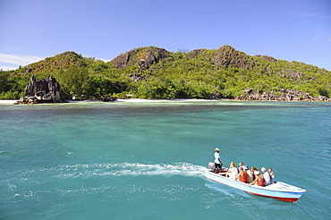 Boat with tourists, Curieuse Island, Seychelles, Africa, Indian Ocean