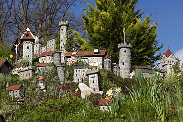 Garden gnomes and model castles in a garden in Sarleinsbach, Muehlviertel, Upper Austria, Austria, Europe