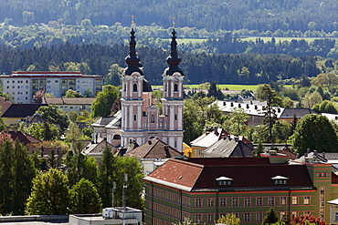 Pilgrimage church to the Holy Cross, view from the steeple of the parish church, Villach, Carinthia, Austria, Europe