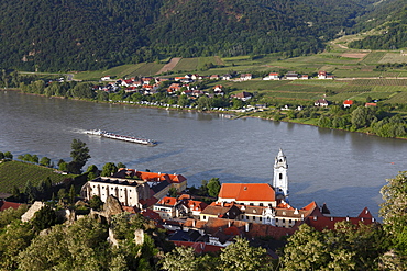 Duernstein, Danube river, panoramic view from the castle ruins, Wachau region, Lower Austria, Austria, Europe