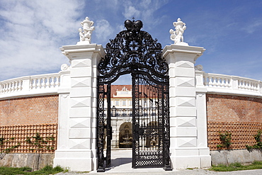 Wrought iron gate and fountain grotto, baroque terrace garden, Schloss Hof castle in Schlosshof, Marchfeld, Lower Austria, Austria, Europe