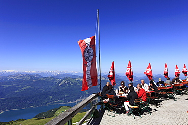 Terrace of a mountain hotel Schafbergspitze, Schafberg mountain, on the left Wolfgangsee lake, Salzkammergut region, Salzburg Land state, Austria, Europe