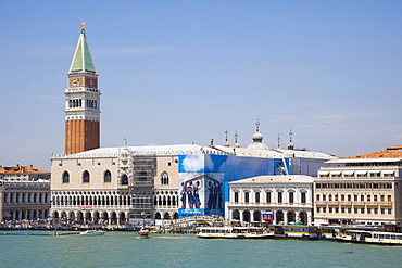 View of the spire of Campanile of San Marco, Bell Tower, and Palazzo Ducale, Palace of the Doges, from Bacino di San Marco, Venice, Italy, Europe