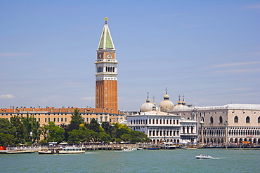 View on Piazza San Marco with Campanile of San Marco, Bell Tower, and Palazzo Ducale, Palace of the Doges, from Canale della Giudecca, Venice, Italy, Europe