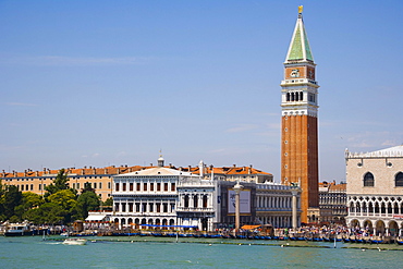 View on Piazza San Marco with Campanile, bell tower, of San Marco, and Palazzo Ducale, Palace of the Doges, from Bacino di San Marco, Venice, Italy, Europe