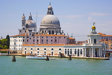 View of the domes of Church of Santa Maria della Salute from Canale della Giudecca, Venice, Italy, Europe