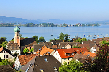 View of the municipality Allensbach on Lake Constance, Reichenau Island in the back, county of Constance, Baden-Wuerttemberg, Germany, Europe