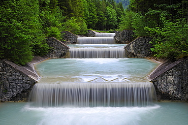 Water overflow of the Niedernach power plant on the Walchensee lake, Jachenau municipality, county Bad Toelz-Wolfratshausen, Bavaria, Germany, Europe