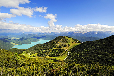 View from Mt. Herzogstand to the Herzogstand mountain station, in the back the Walchensee lake, district of Bad Toelz-Wolfratshausen, Bavaria, Germany, Europe