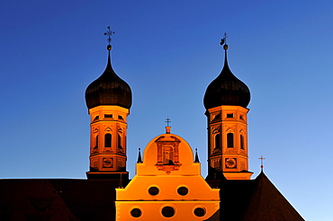 The baroque towers of the basilica of Kloster Benediktbeuern monastery, district of Bad Toelz-Wolfratshausen, Bavaria, Germany, Europe