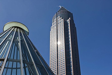 Entrance to the subway station in front of the Messeturm tower, Friedrich-Ebert-Anlage street, Frankfurt am Main, Hesse, Germany, Europe