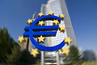 Euro sign in front of the European Central Bank ECB in Frankfurt, Hesse, Germany