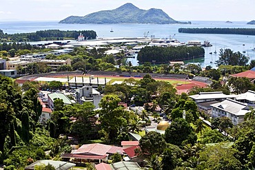 View from Bel Air towards the capital city of Victoria and the stadium, at back the islands St. Anne, Ile au Cerf, Ile Moyenne, Ile Ronde and Ile Longue, Mahe Island, Seychelles, Indian Ocean, Africa