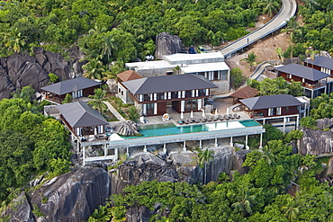 Look on the luxury resort Maya on the coast at the beach Anse Liberte, Mahe Island, Seychelles, Indian Ocean, Africa