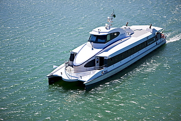 Ferry entering Friedrichshafen Harbour, Friedrichshafen on Lake Constance, Baden-Wuerttemberg, Germany, Europe