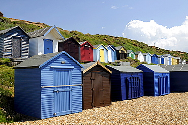 Beach huts on the beach of Milford on Sea, Hampshire, South England, UK, Europe