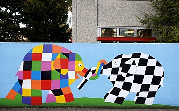 Mural with colourful elephants on the wall of a Kindergarden, Nuremberg, Franconia, Bavaria, Germany,