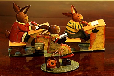 Rabbit school, three rabbits sitting behind tables, made of metal, table decoration, Villa Ambiente, Nuremberg, Middle Franconia, Bavaria, Germany, Europe