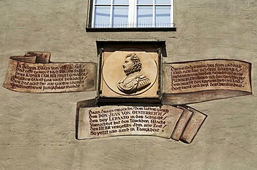 Portrait of Don Juan and names of famous guests on the Goldenes Kreuz restaurant, Regensburg, Upper Palatinate, Bavaria, Germany, Europe