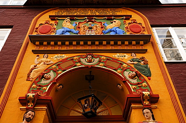 Colourful Renaissace entrance portal of the Raths-Apotheke pharmacy, Lueneburg, Lower Saxony, Germany, Europe