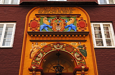 Colourful Renaissace entrance portal of the Raths-Apotheke pharmacy, Lueneburg, Lower Saxony, Germany, Europe